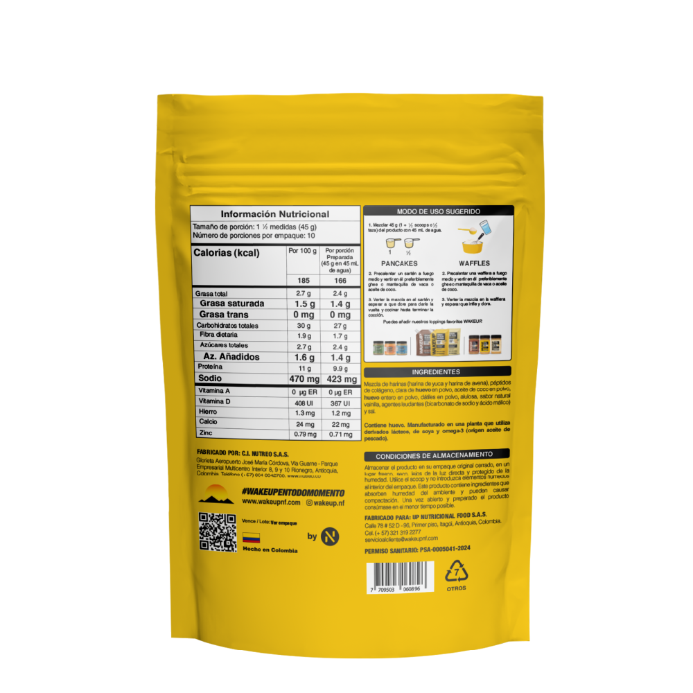 Tabla nutricional y lista de ingredientes de la mezcla WAKEUP pancakes 450g