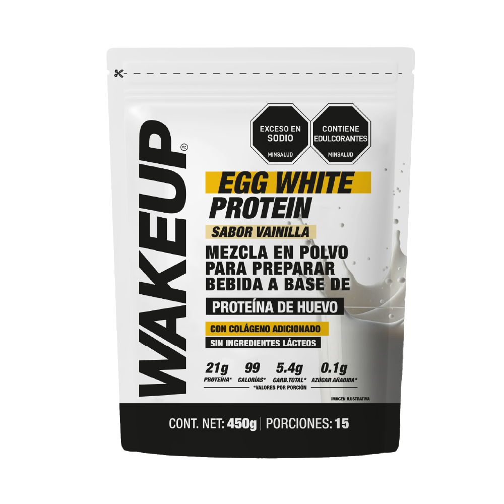 Bolsa WAKEUP proteína clara de huevo vainilla 450g, 15 porciones, sin lactosa