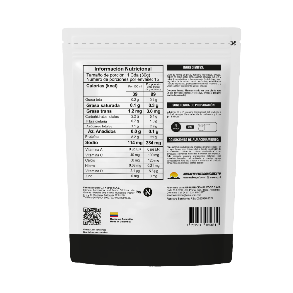 Tabla nutricional y modo de uso proteína WAKEUP clara de huevo 450g