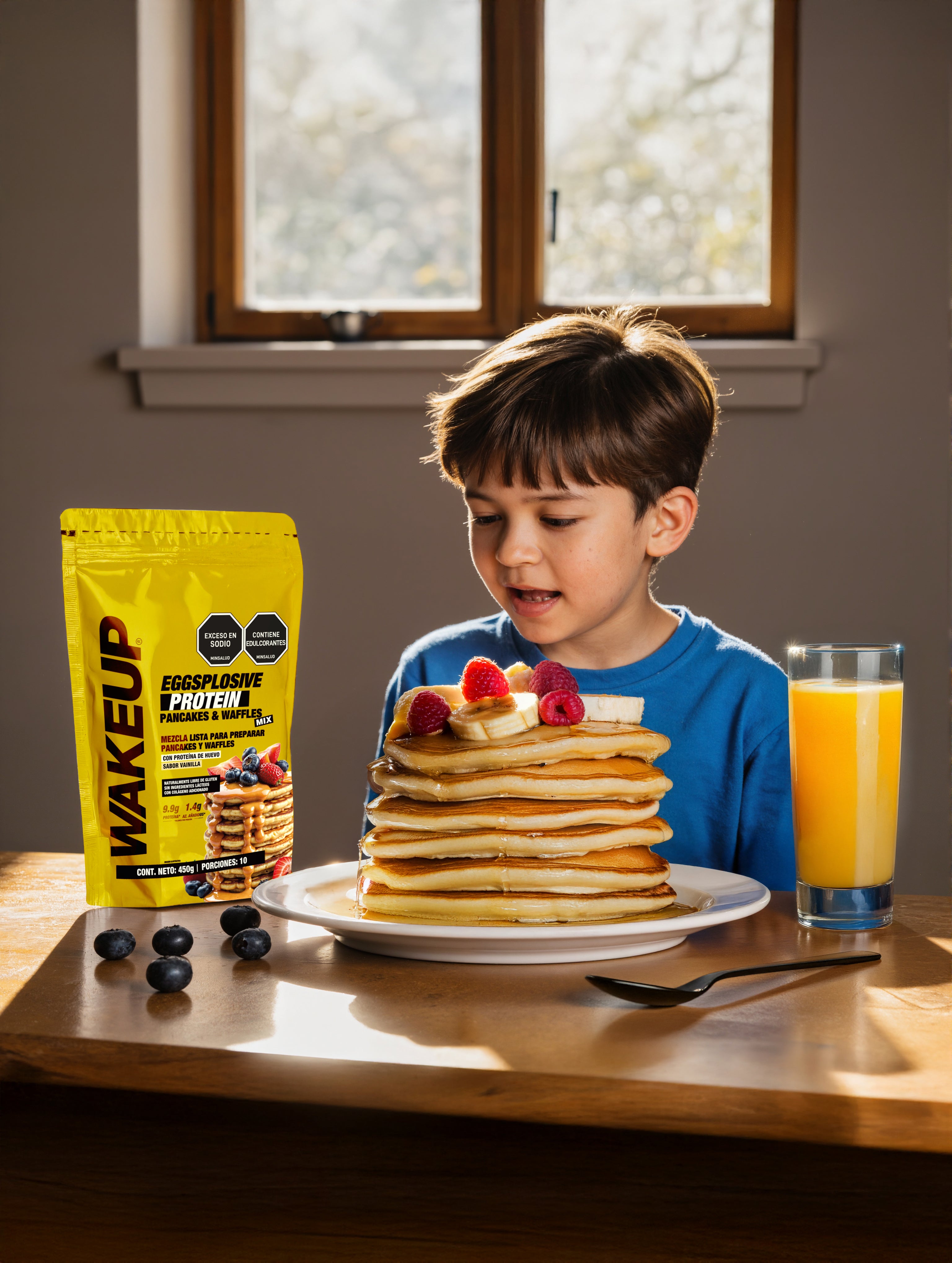 Niño comiendo pancakes con mezcla WAKEUP en la mesa del desayuno
