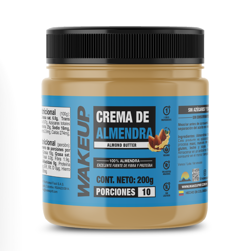 Tarro WAKEUP crema de almendras 200g, rica en proteína y sin azúcar añadida