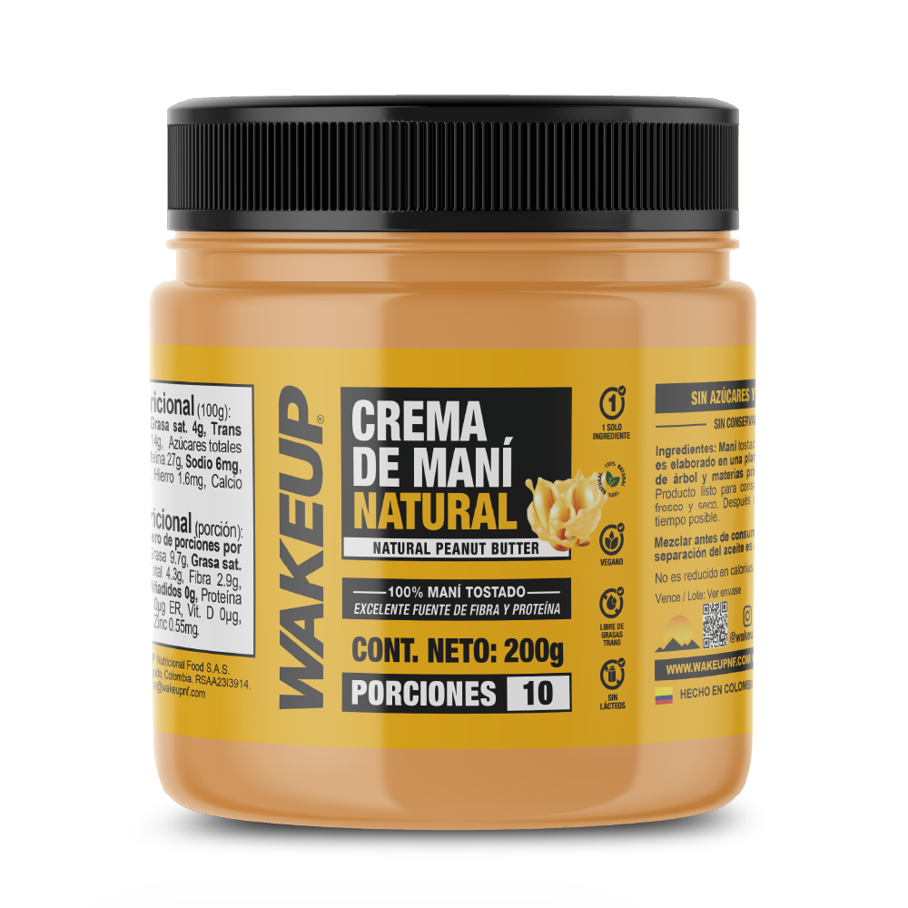 Frasco WAKEUP crema de maní natural 200g, etiqueta amarilla, 10 porciones, sin azúcar