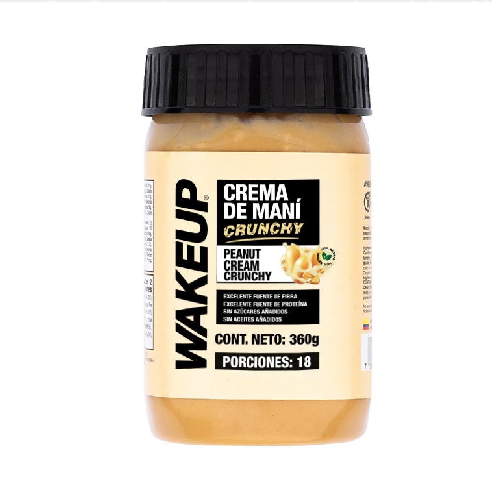Tarro WAKEUP crema de maní crunchy 360g, sin azúcar, 100% natural, 18 porciones