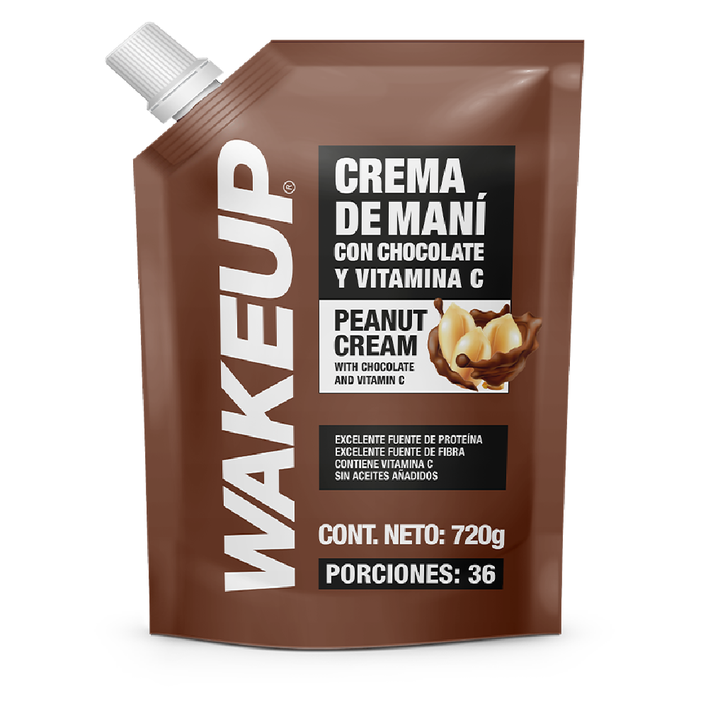 Empaque WAKEUP crema de maní con chocolate 720g, sabor cacao, 36 porciones, sin grasas trans