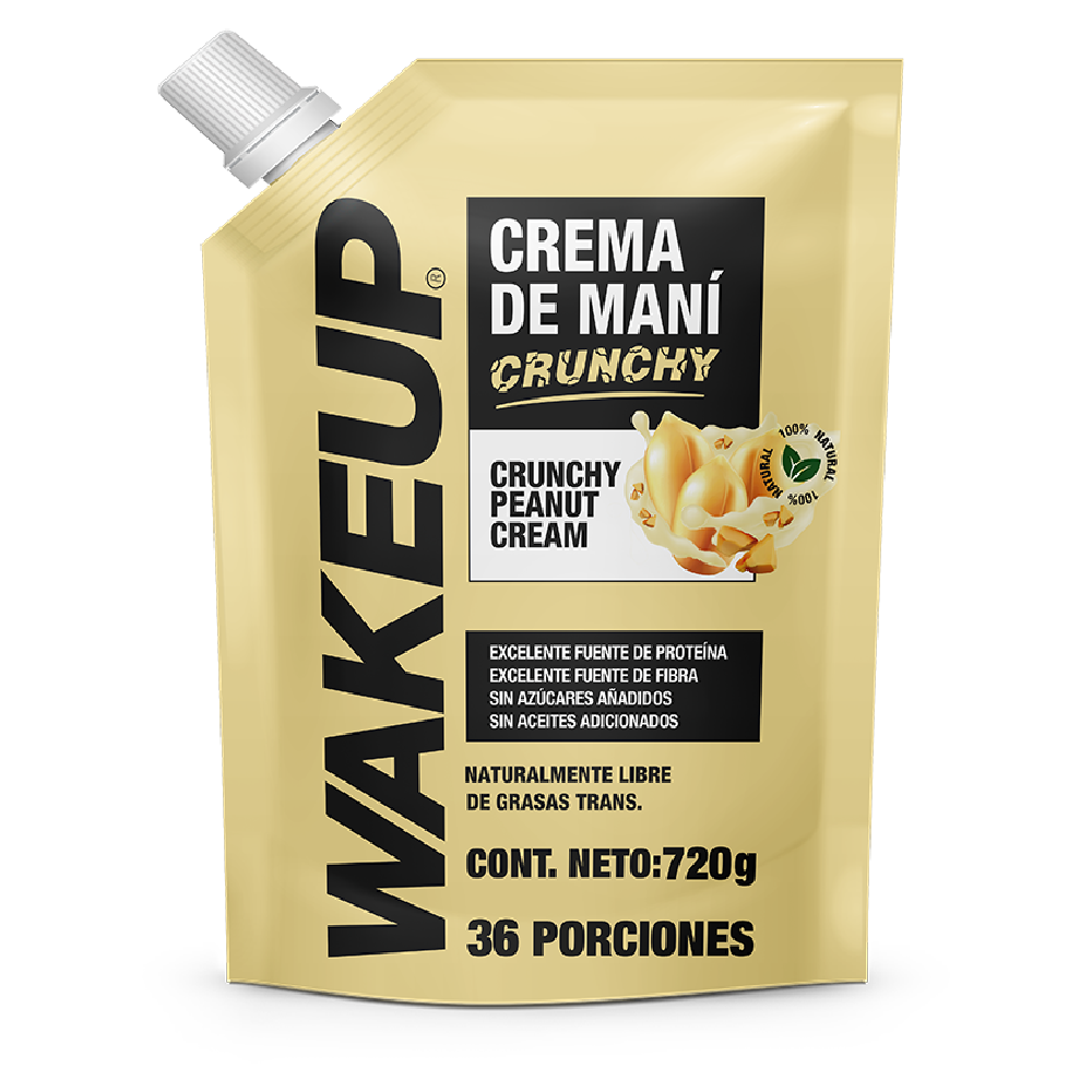 Bolsa WAKEUP crema de maní Crunchy 720g, etiqueta amarilla y negra, 36 porciones