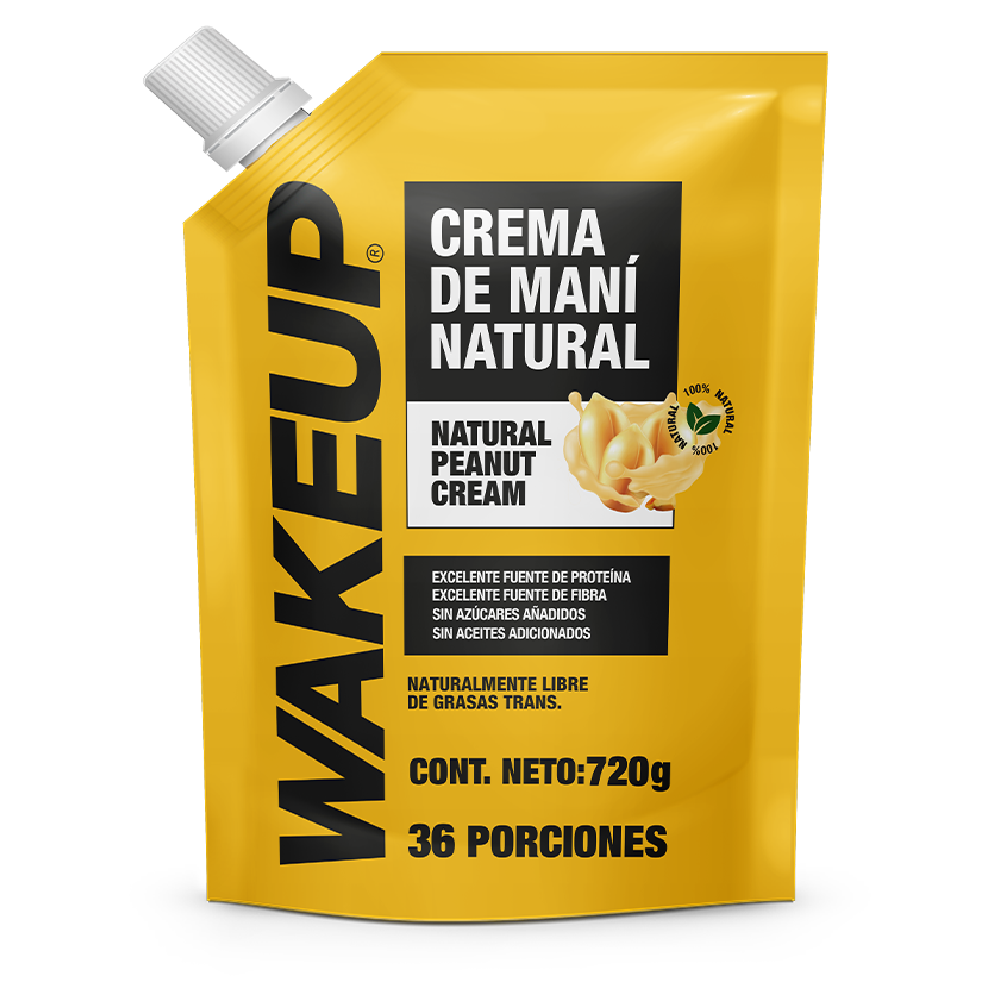 Frente del empaque WAKEUP crema de maní natural 720g, fondo amarillo, sin azúcar añadida, alta en proteína, 36 porciones
