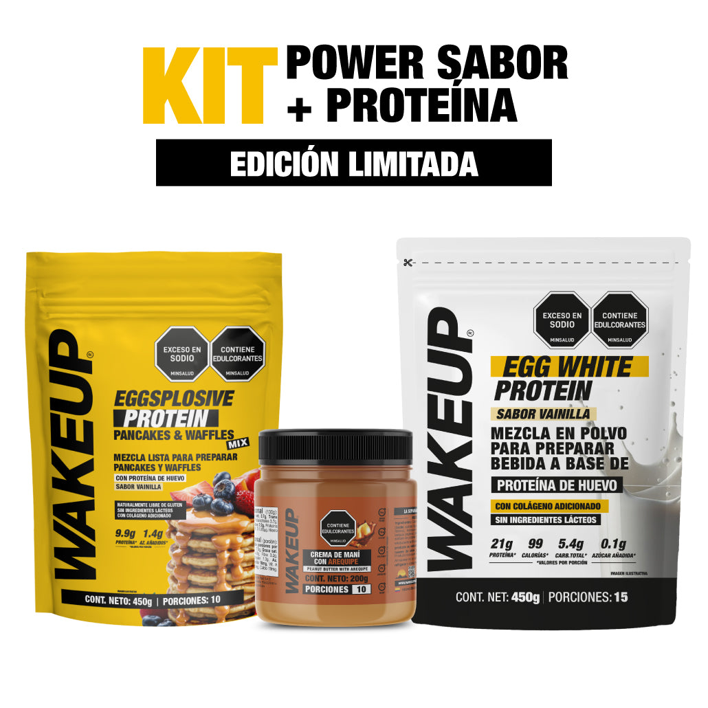 Kit Power Sabor + Proteína WAKEUP con crema de maní, proteína y pancakes