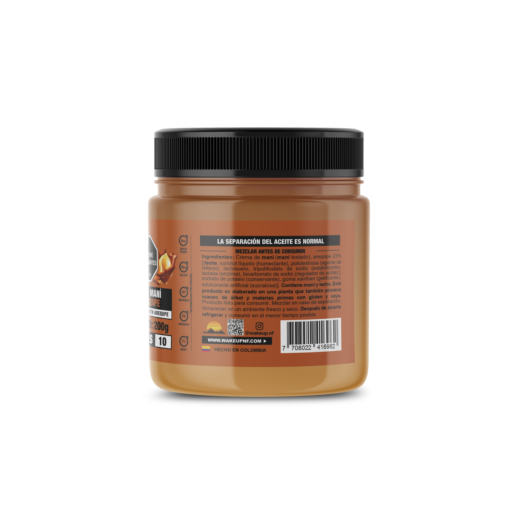 Etiqueta posterior crema de maní con arequipe WAKEUP 200g