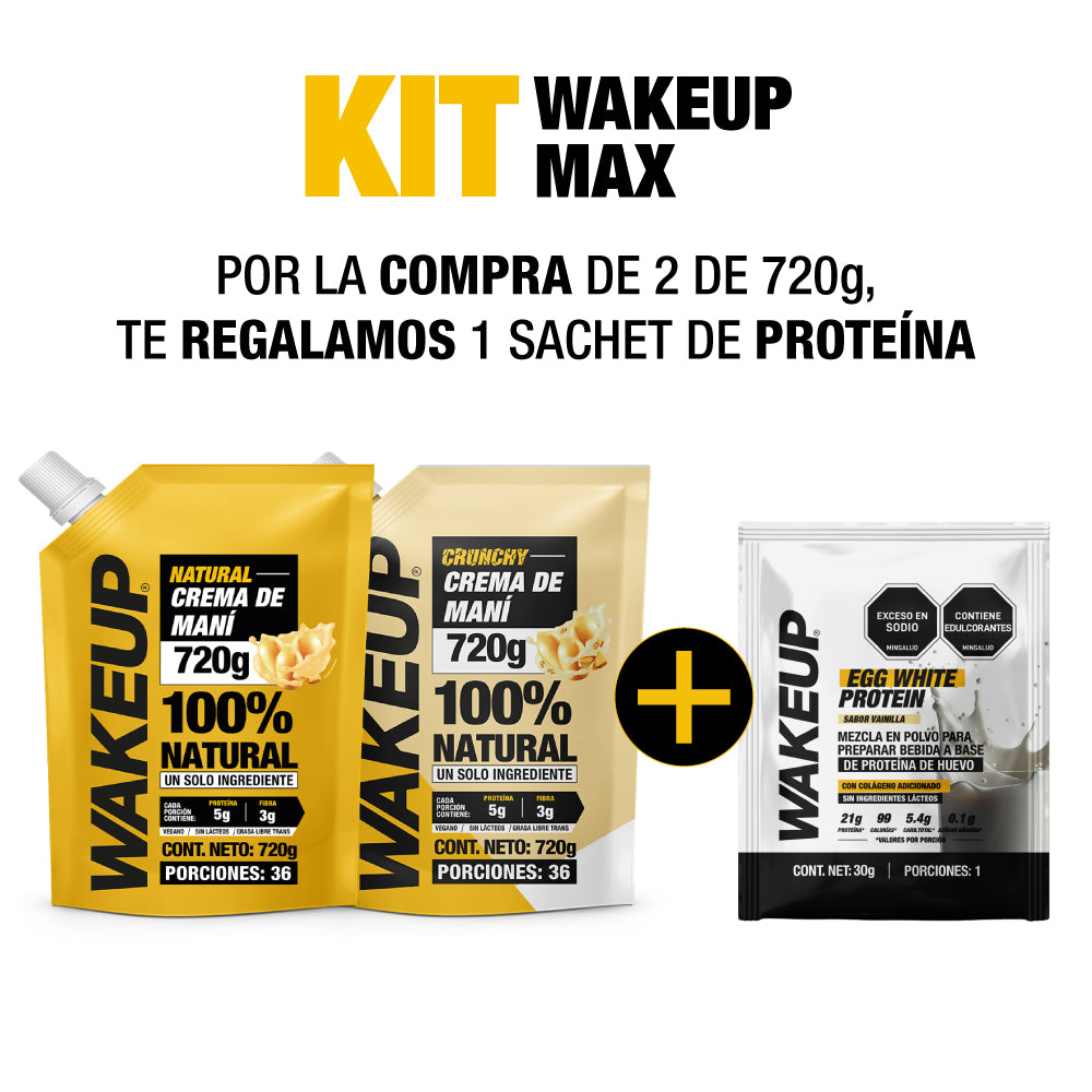Kit WAKEUP MAX con 2 frascos de crema de maní 720g y sachet de proteína gratis