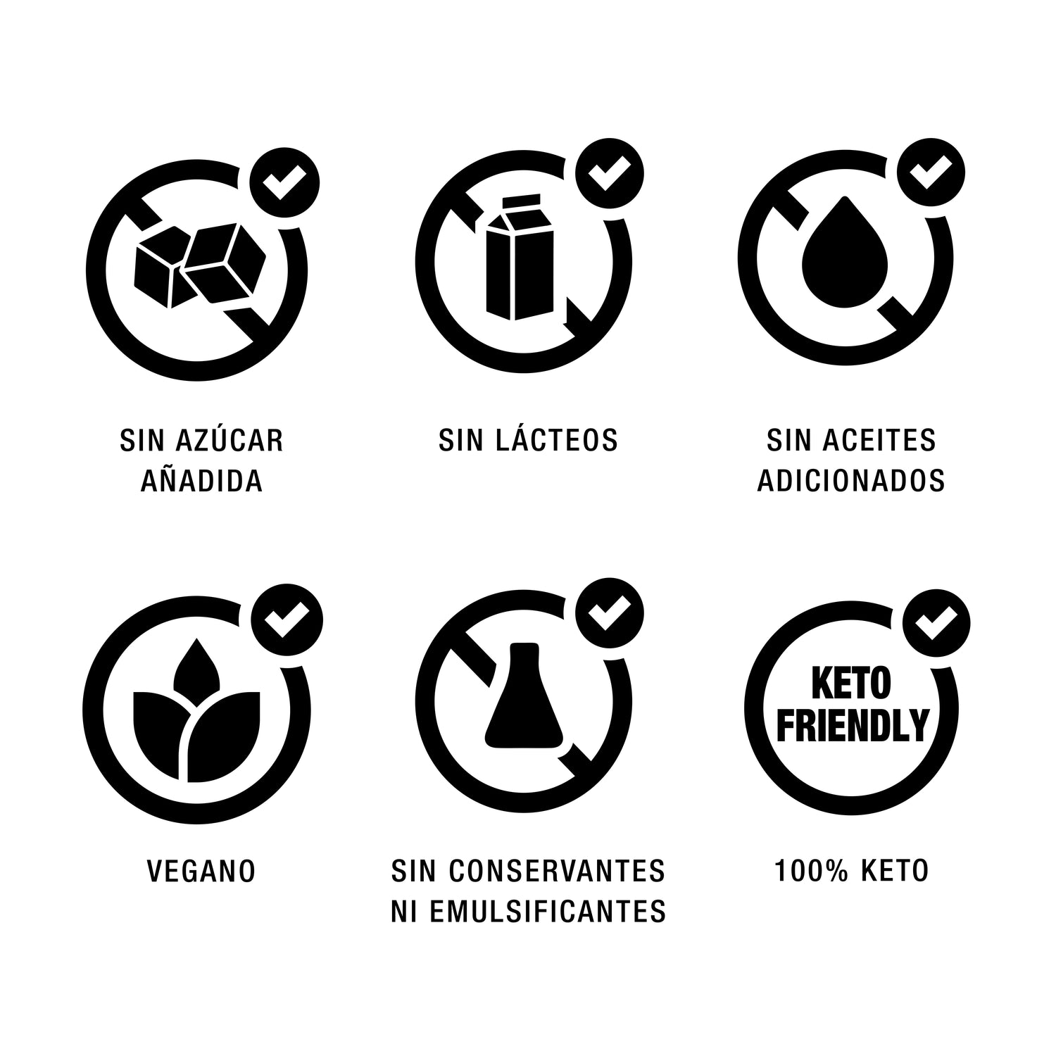 Íconos de atributos crema WAKEUP: sin azúcar añadida, sin lácteos, sin aceites, vegano, sin conservantes, 100% keto